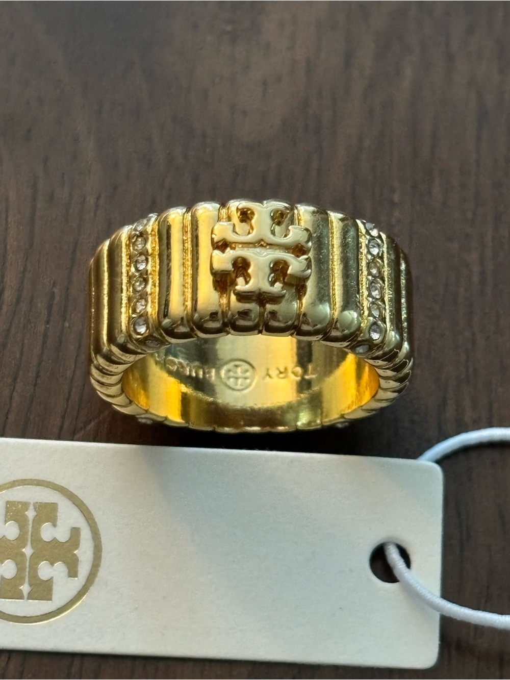 Tory Burch Gold Ribbed Double-T Logo Ring with Crystal Accents
